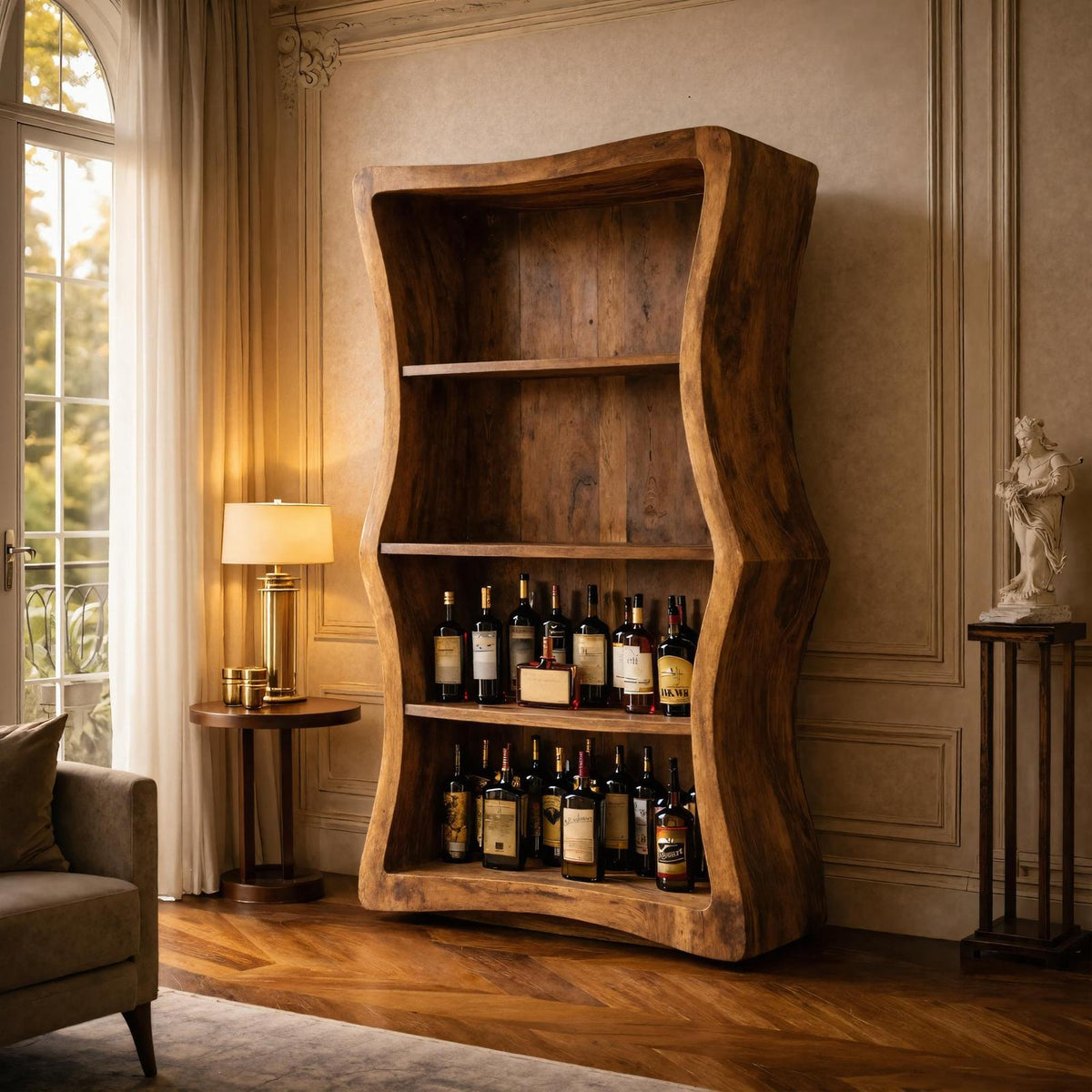 Spry Interior Organic Modern Sculptural Wood Display Bar Cabinet, Handcrafted Credenza Sideboard Liquor Storage for Living Room, SINLKISC445