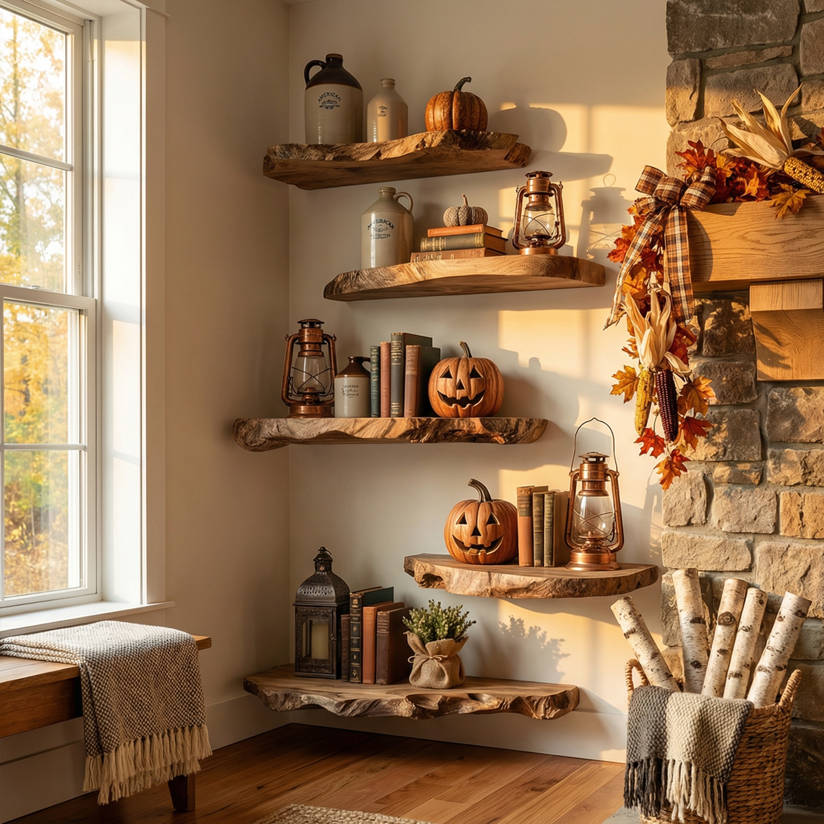 Modern Farmhouse Floating Wall Shelves, Solid Wood Hanging Display Racks for Autumn Thanksgiving Home Decor, Accent
