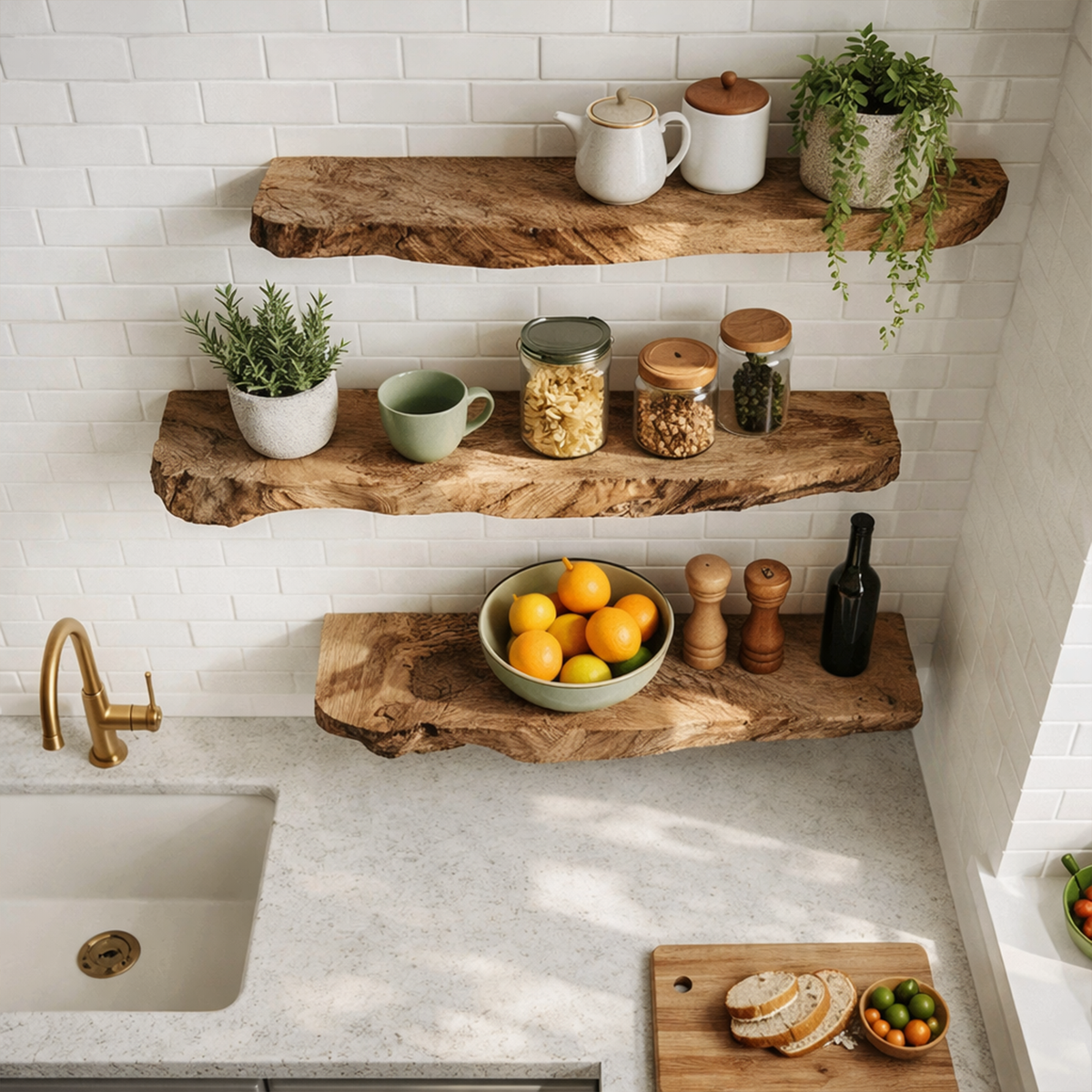 Modern Natural Slab Floating Kitchen Shelves, Solid Wood Wall Hanging Display Ledges, Heavy Duty Pantry Storage
