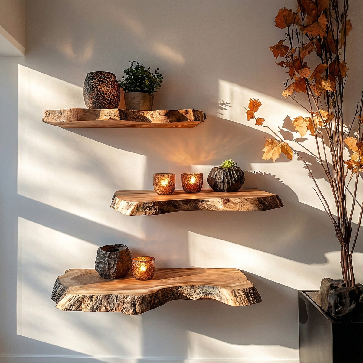 Modern Thick Live Edge Floating Wall Shelves, Chunky Solid Wood Slab Floating Shelves for Kitchen, Bathroom & Plants