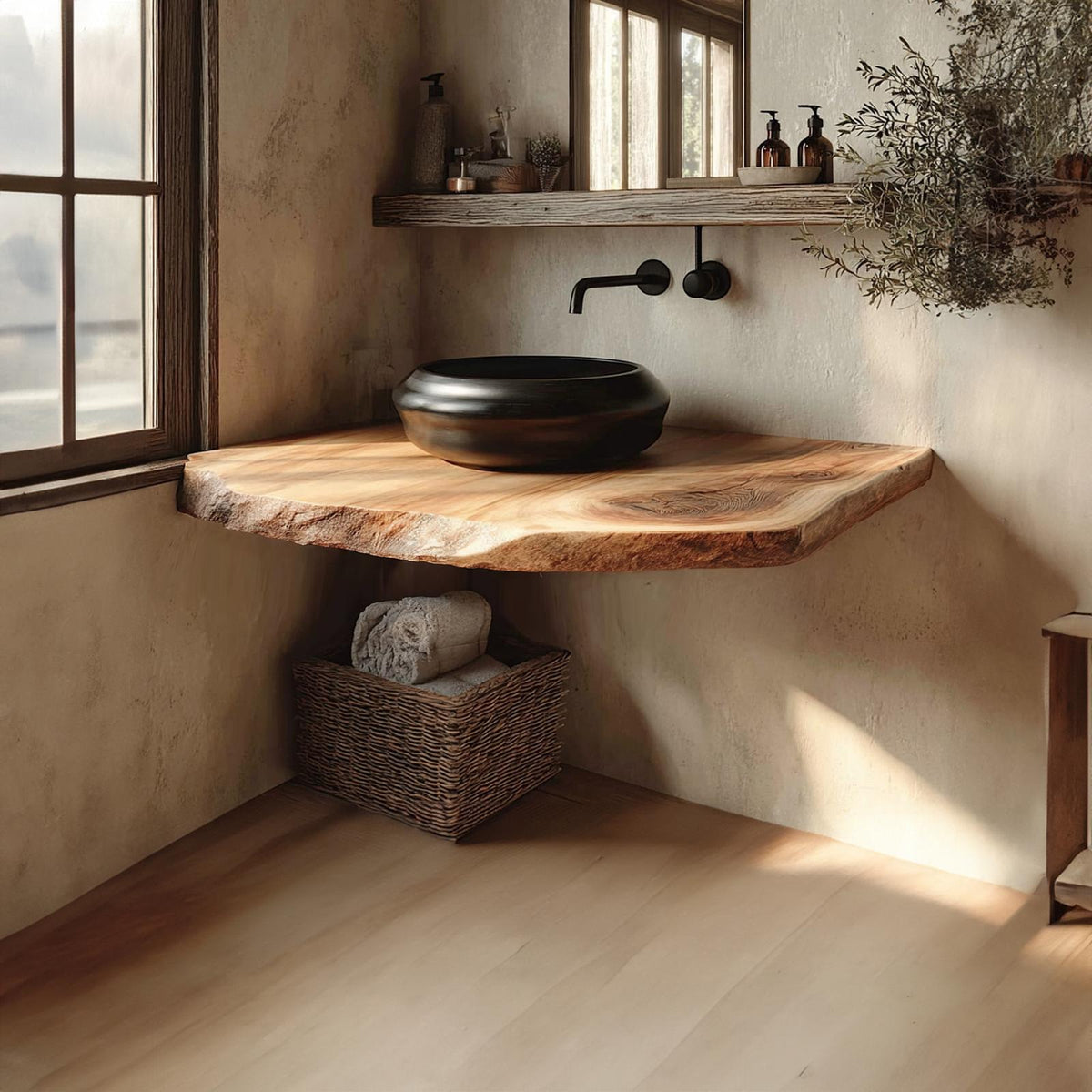 Teezano Rustic Live Edge Floating Shelf, Bathroom Natural Solid Wood Wall Mounted Storage Shelf, Model SINLKIBRV164