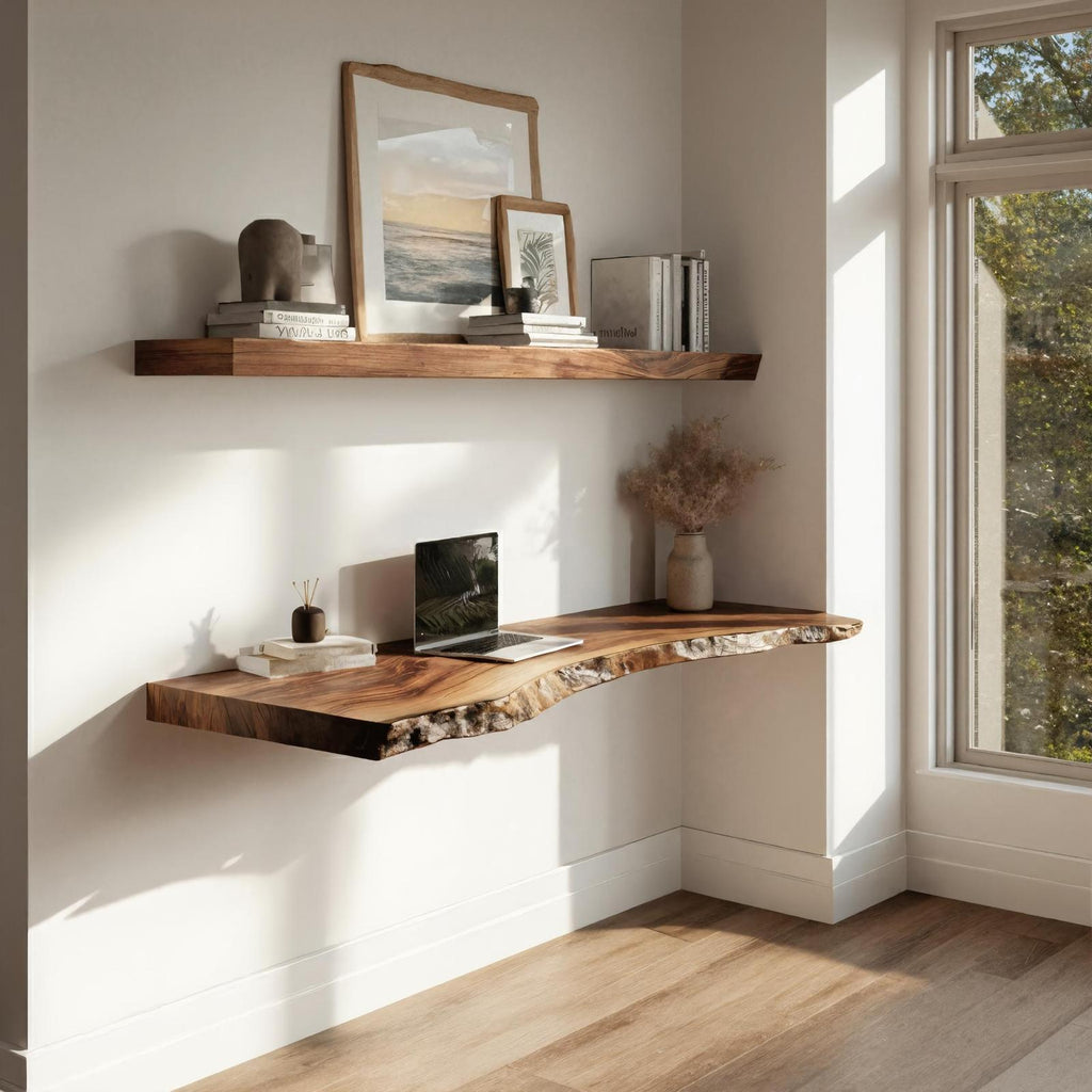 Live Edge Solid Wood Floating Desk Window Side Workspace Interior