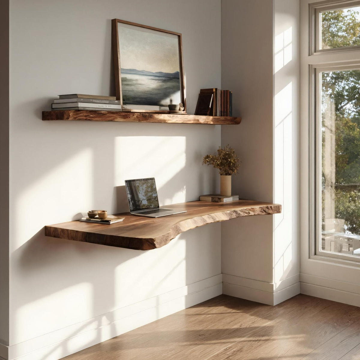 Minimal Solid Wood Wall Desk Natural Light Home Office Interior