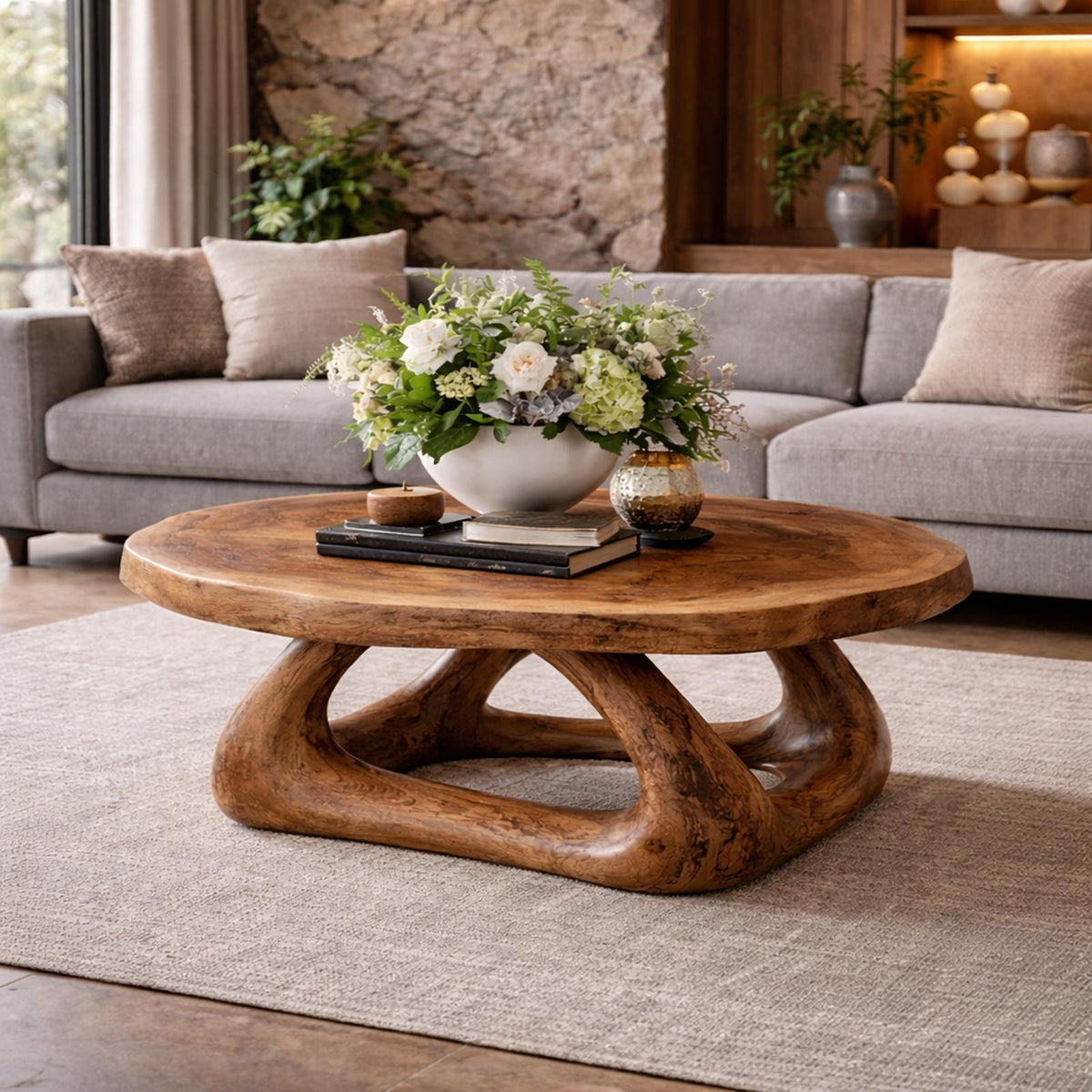 Curved Sculptural Solid Wood Coffee Table, Artistic Statement Center Table for Luxury Modern Living Room Interior