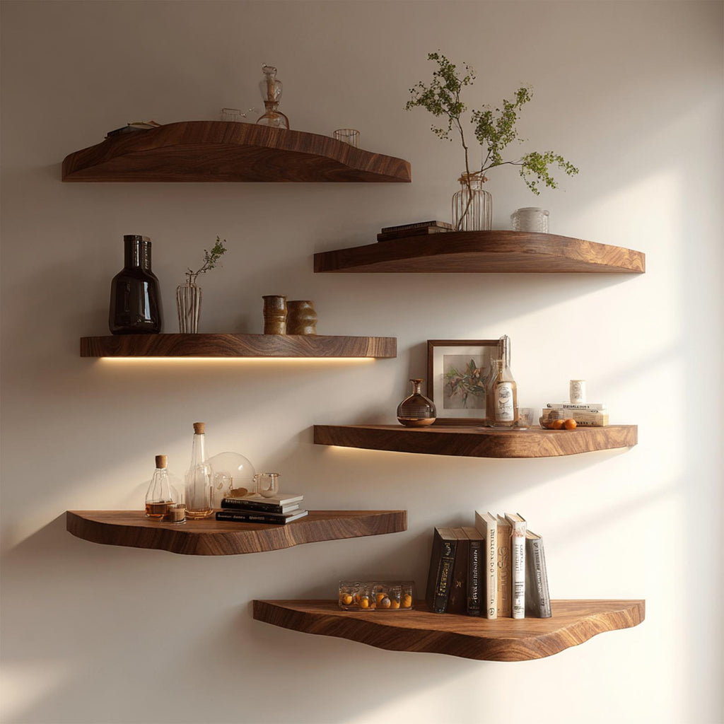 Asymmetrical Solid Wood Floating Shelves Organic Wall Display Interior Decor