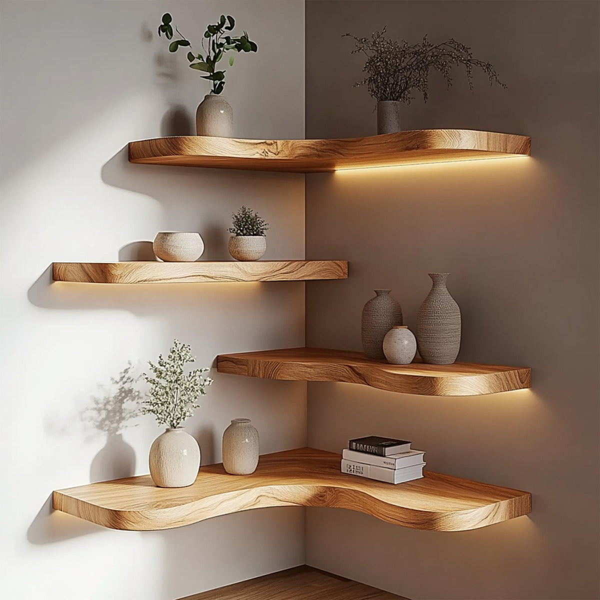 Corner Solid Wood Floating Shelves Organic Layered Wall Display Interior Decor