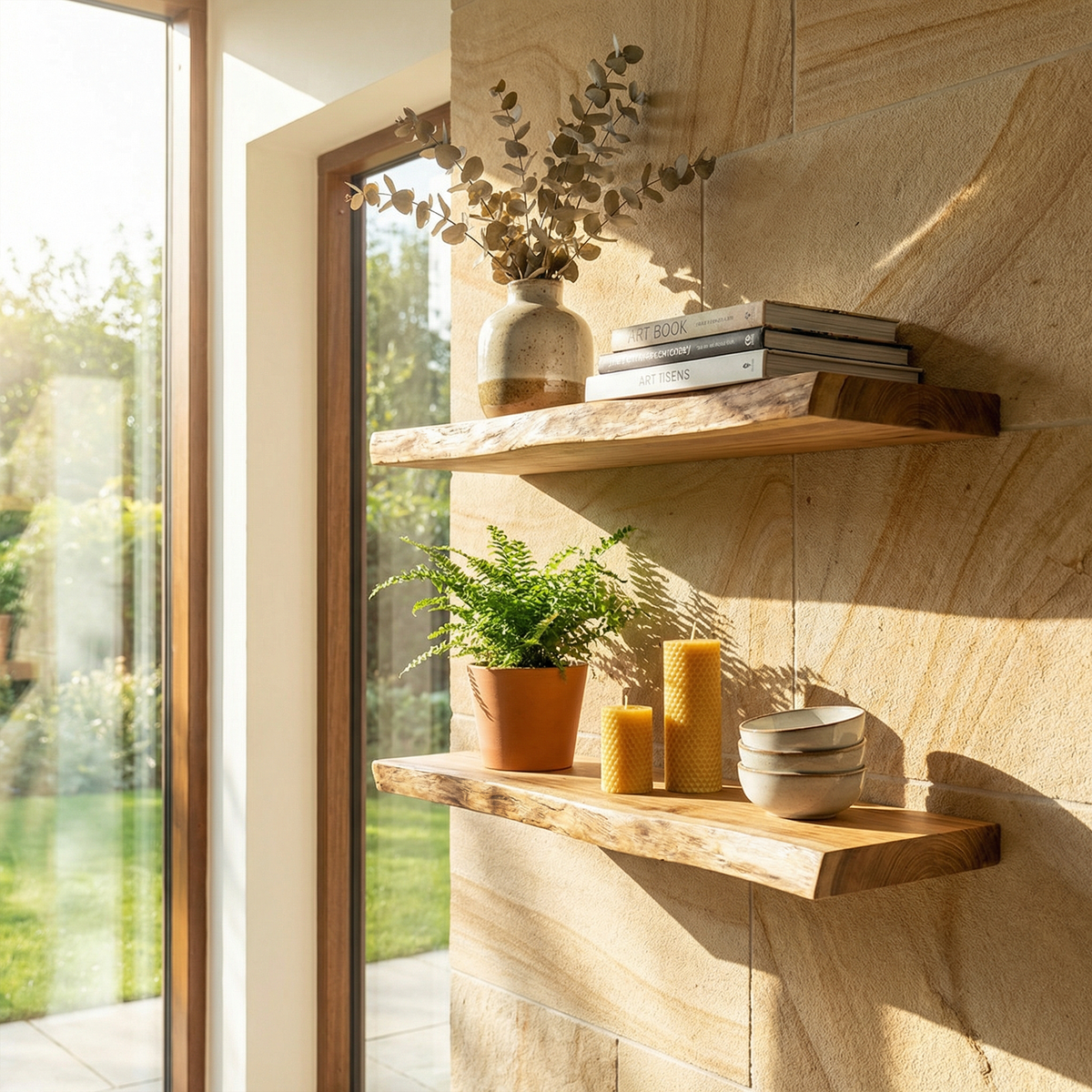 Modern Natural Oak Floating Wall Shelves, Minimalist Solid Wood Display Ledges for Bedroom, Living Room & Plants