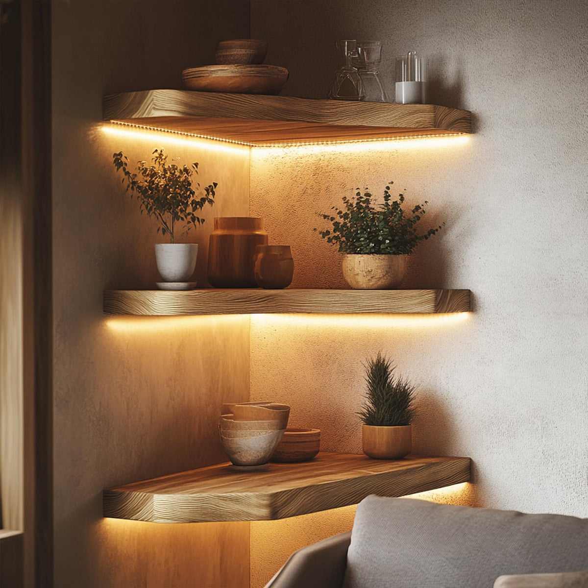 Layered Solid Wood Corner Wall Shelves Warm Minimal Interior Style