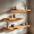 Minimal Solid Wood Floating Shelves with Integrated Lighting, Modern Wall Mounted Display Shelf for Living Room