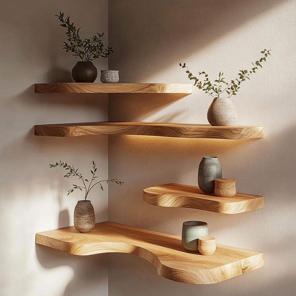 Natural Edge Solid Wood Corner Floating Shelves Calm Modern Interior Decor