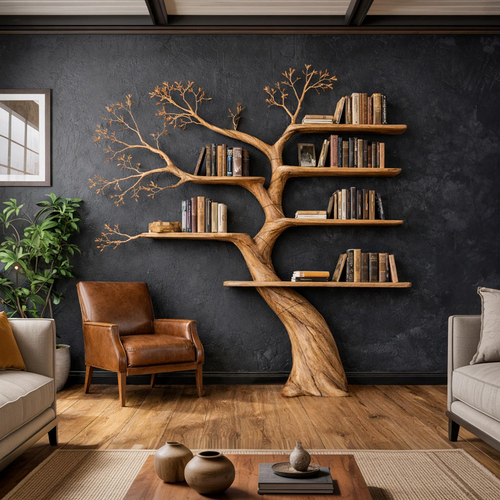 Sculptural Wood Tree Bookshelf, Architectural Wall Mounted Branch Bookcase and Art Display for Modern Living Room