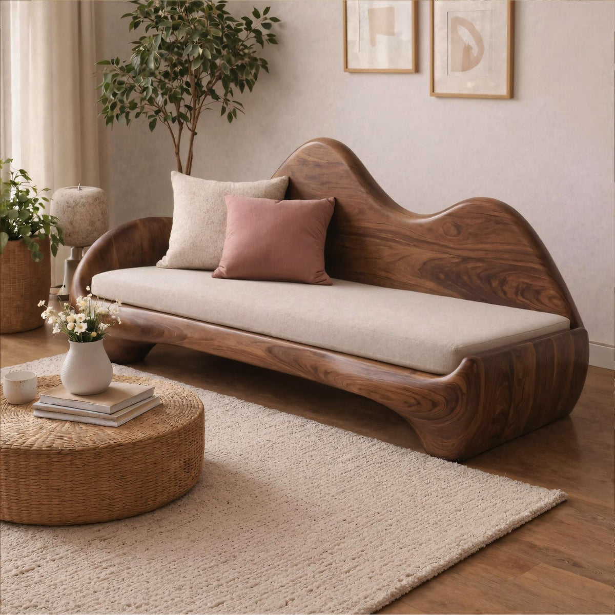 Modern Sculptural Wood Sofa Living Room Organic Curved Wooden Couch