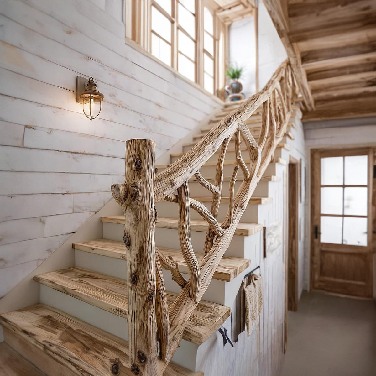 Rustic Natural Wood Staircase Railing Living Space