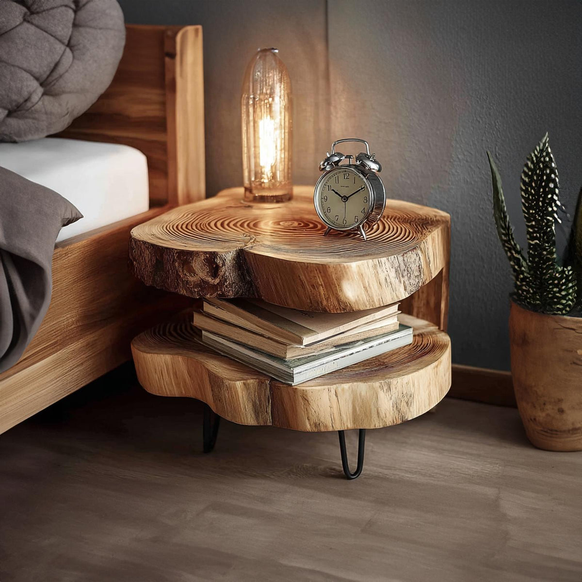 Rustic Solid Wood Bedside Table, Handcrafted Natural Wood Nightstand for Bedroom, Accent End Table with Metal Legs