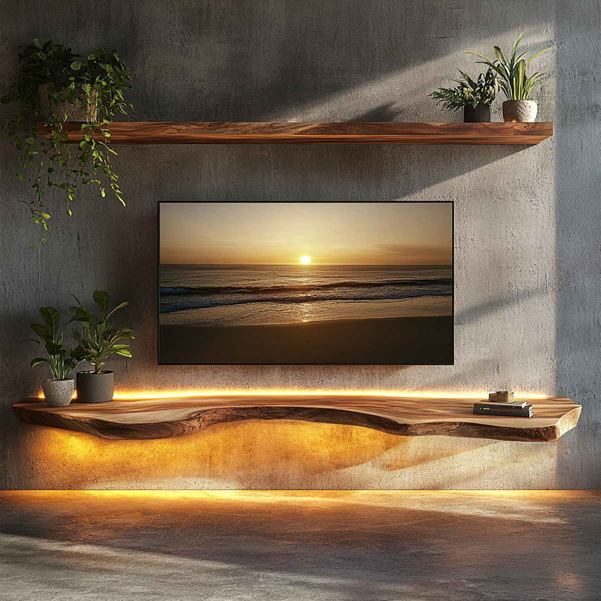 Illuminated Solid Wood Floating TV Shelf Modern Living Room Interior