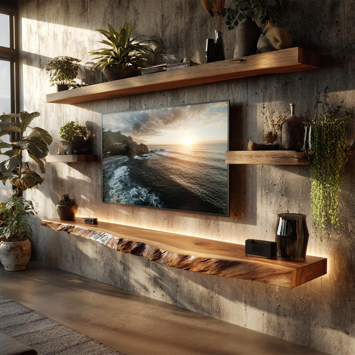 Artistic Live Edge Floating TV Shelf Solid Wood Living Room Interior Signature Furniture