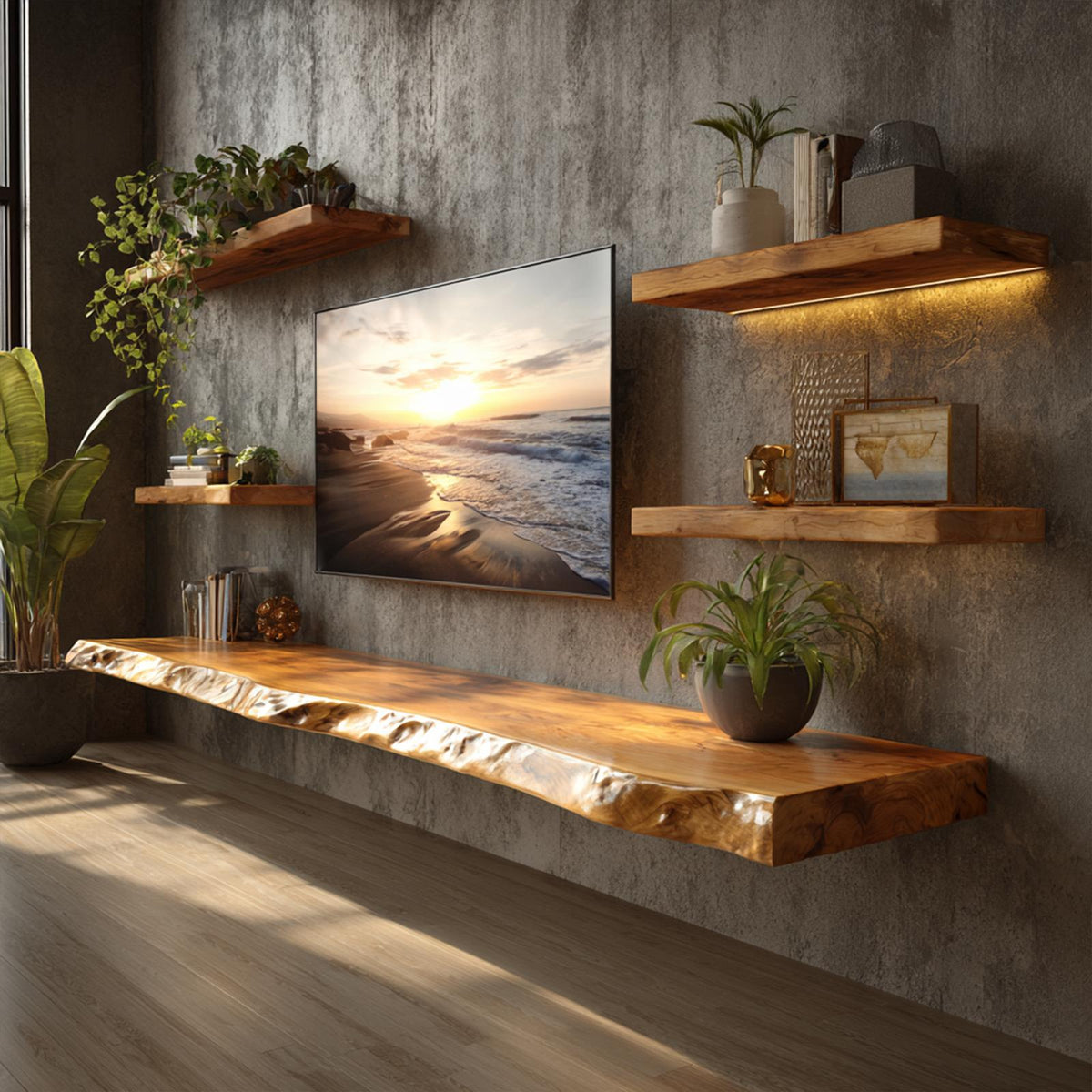 Rustic Organic Floating TV Shelf Solid Wood Living Room Interior Entertainment Display