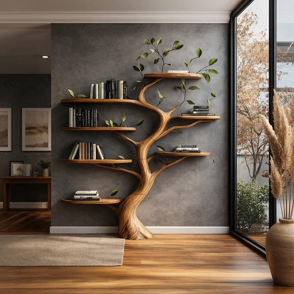 Organic Wood Tree Bookshelf, Handcrafted Floating Branch Wall Mounted Bookcase Display for Modern Living Room