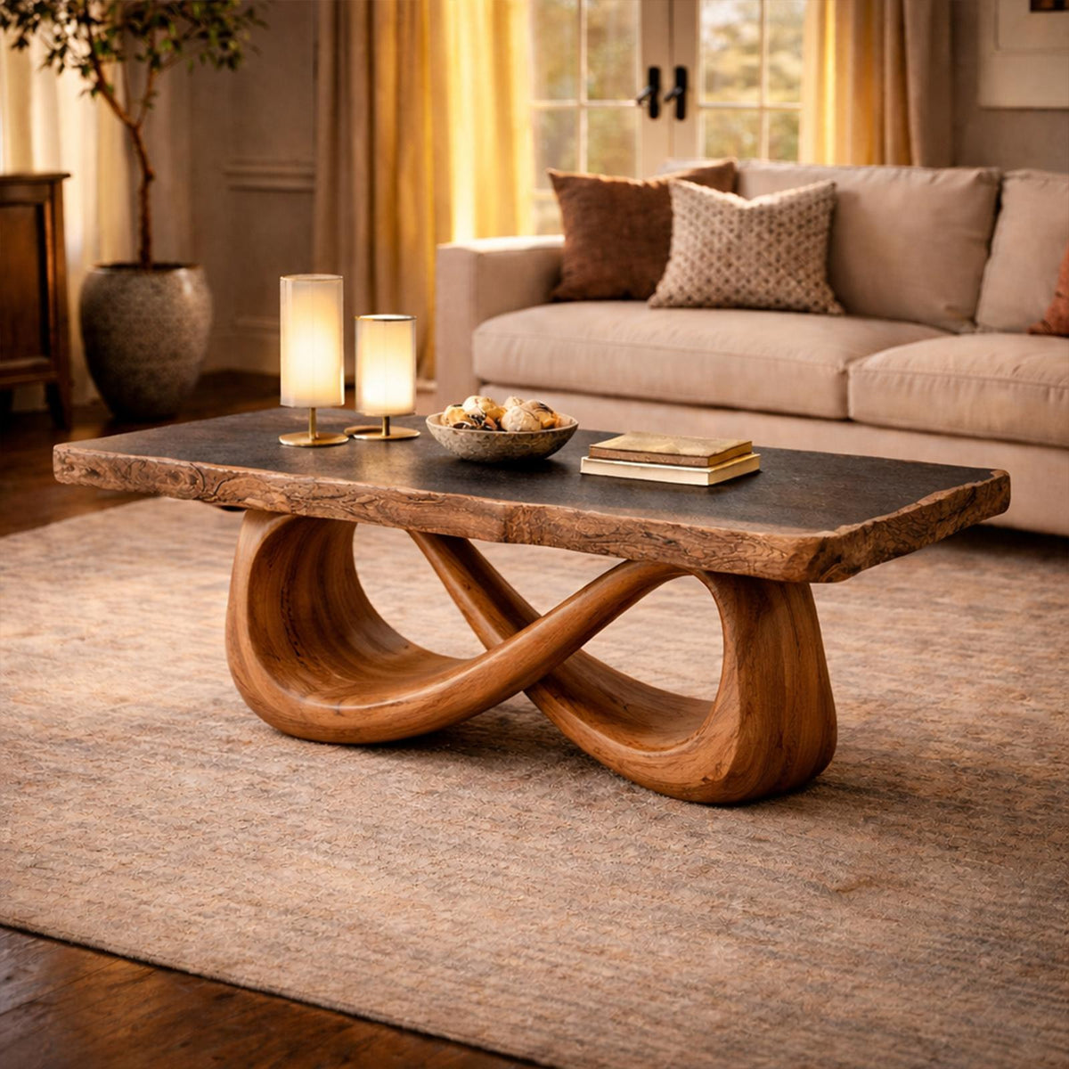 Spry Interior Sculptural Loop Solid Wood Coffee Table, Warm Modern Abstract Center Table for Luxury Living Room Interiors, SINLKICF308
