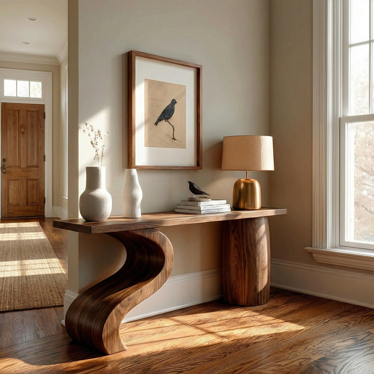 Contemporary Wave Base Wood Console Table, Sculptural Entryway, Hallway & Sofa Back Table