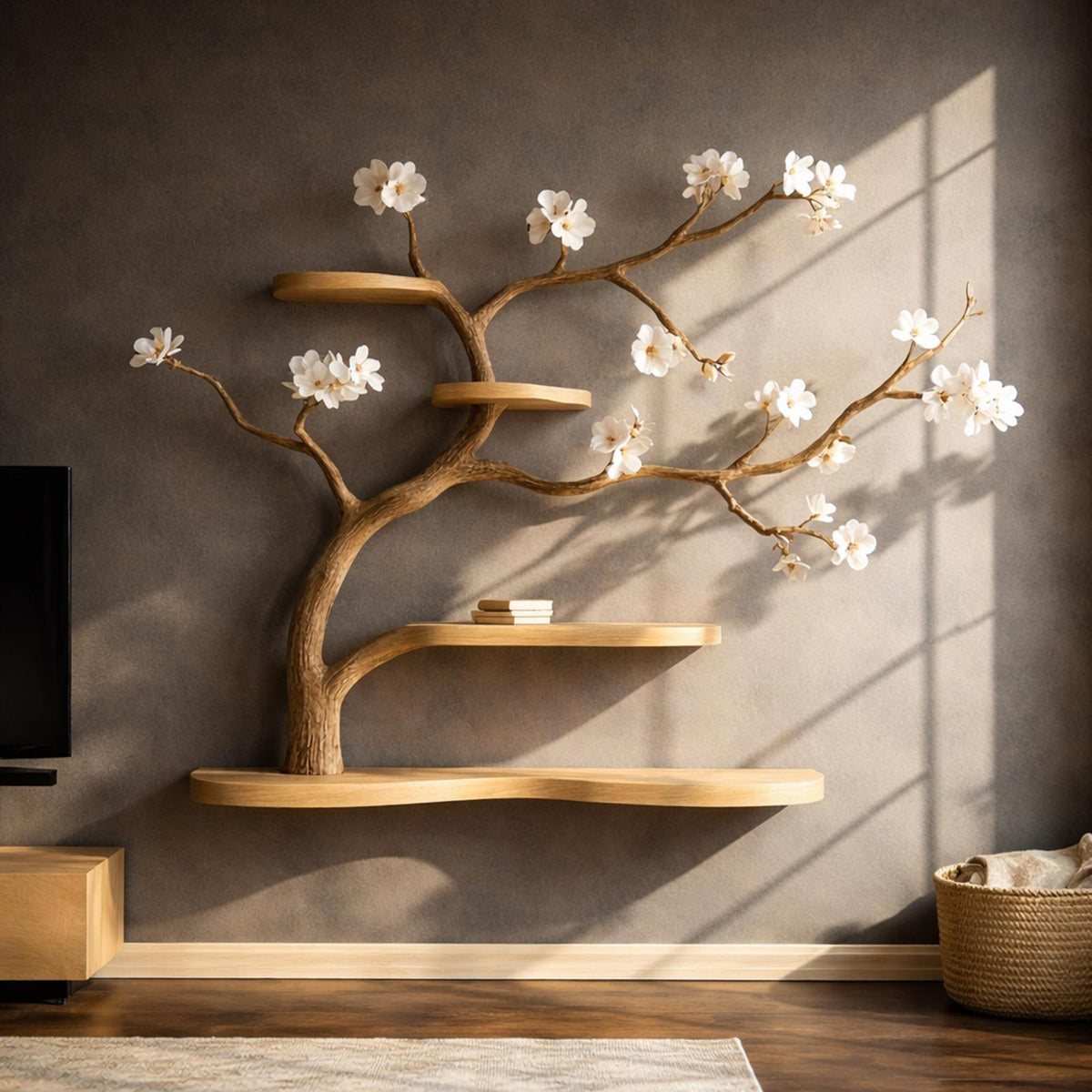 Rustic Tree-Inspired Wall Mounted Shelf, Artistic Solid Wood Branch Book Rack & Wall Decor for Bedrooms
