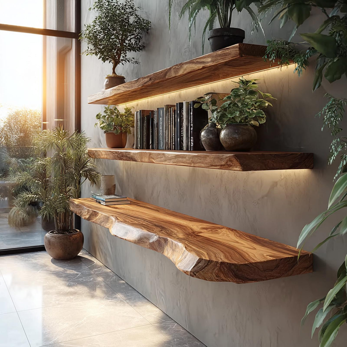 Rustic Handcrafted Live Edge Wall Shelves Solid Wood Living Room Interior Statement Feature