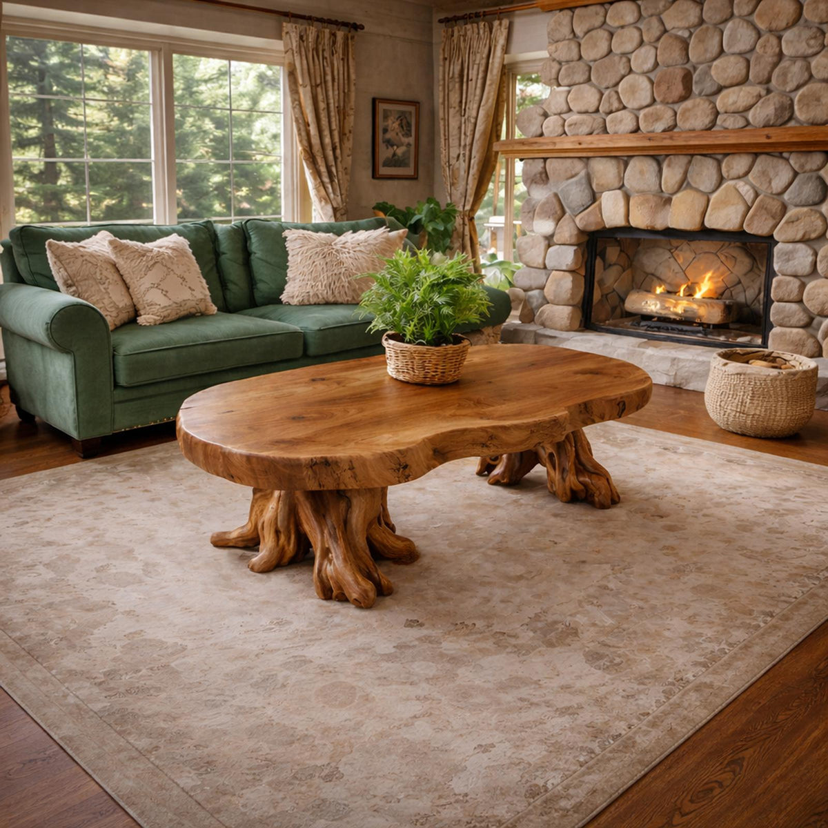 Spry Interior Rustic Root Wood Style Solid Wood Coffee Table, Handcrafted Unique Accent Center Table for Living Rooms, SINLKICF309