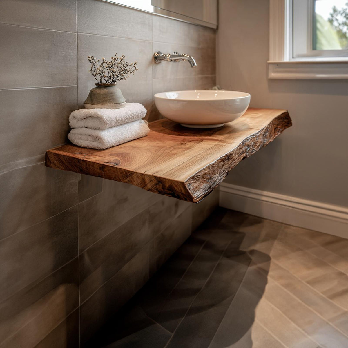 Teezano Mid Century Live Edge Floating Shelf, Washroom Natural Solid Wood Wall Mounted Shelf, Model SINLKIBRV168