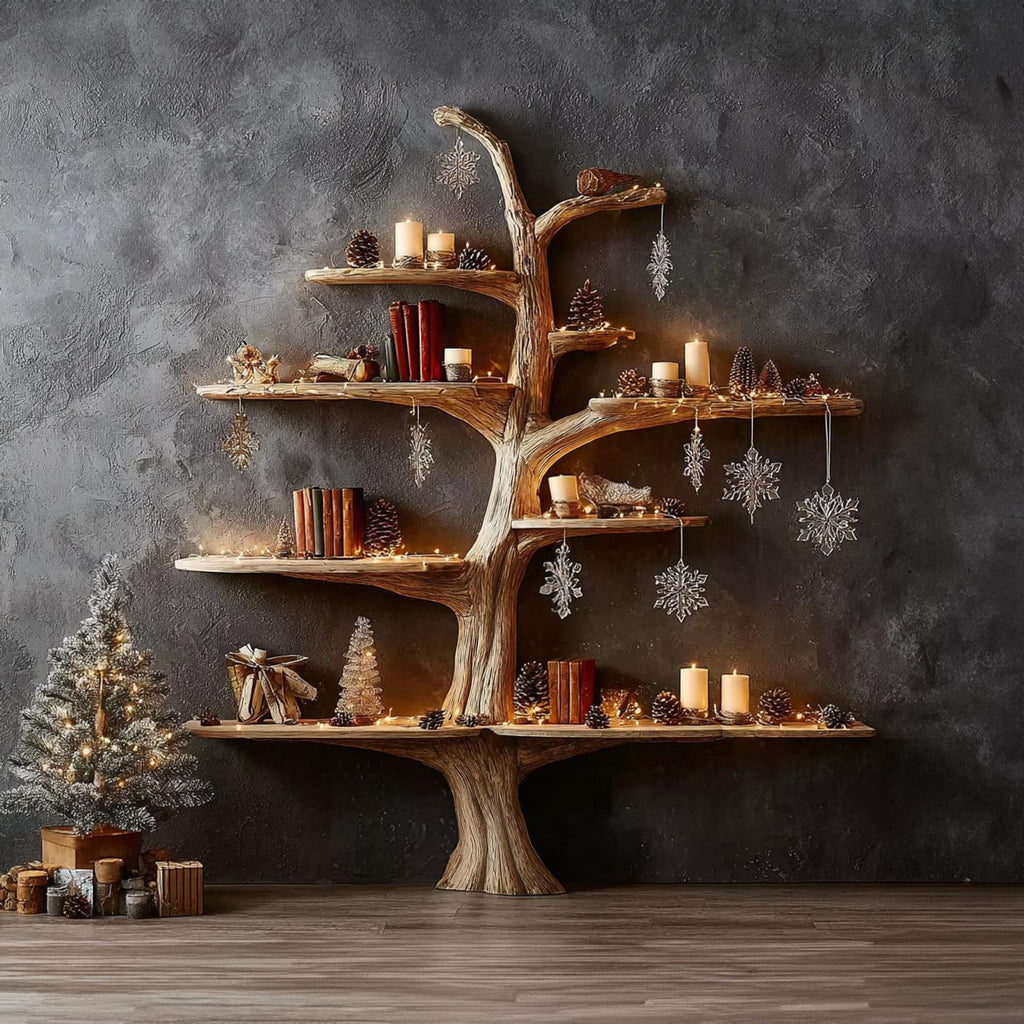 Rustic Tree Bookshelf Winter Living Room