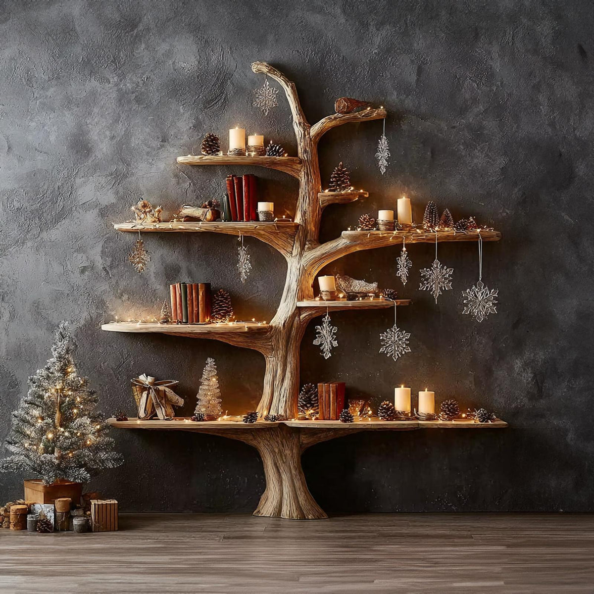 Rustic Tree Bookshelf Winter Living Room