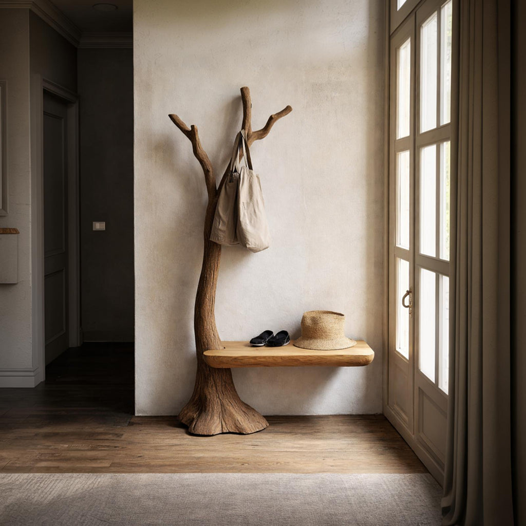 Sculptural Tree Coat Rack Bench Solid Wood Entryway Interior Minimal Storage