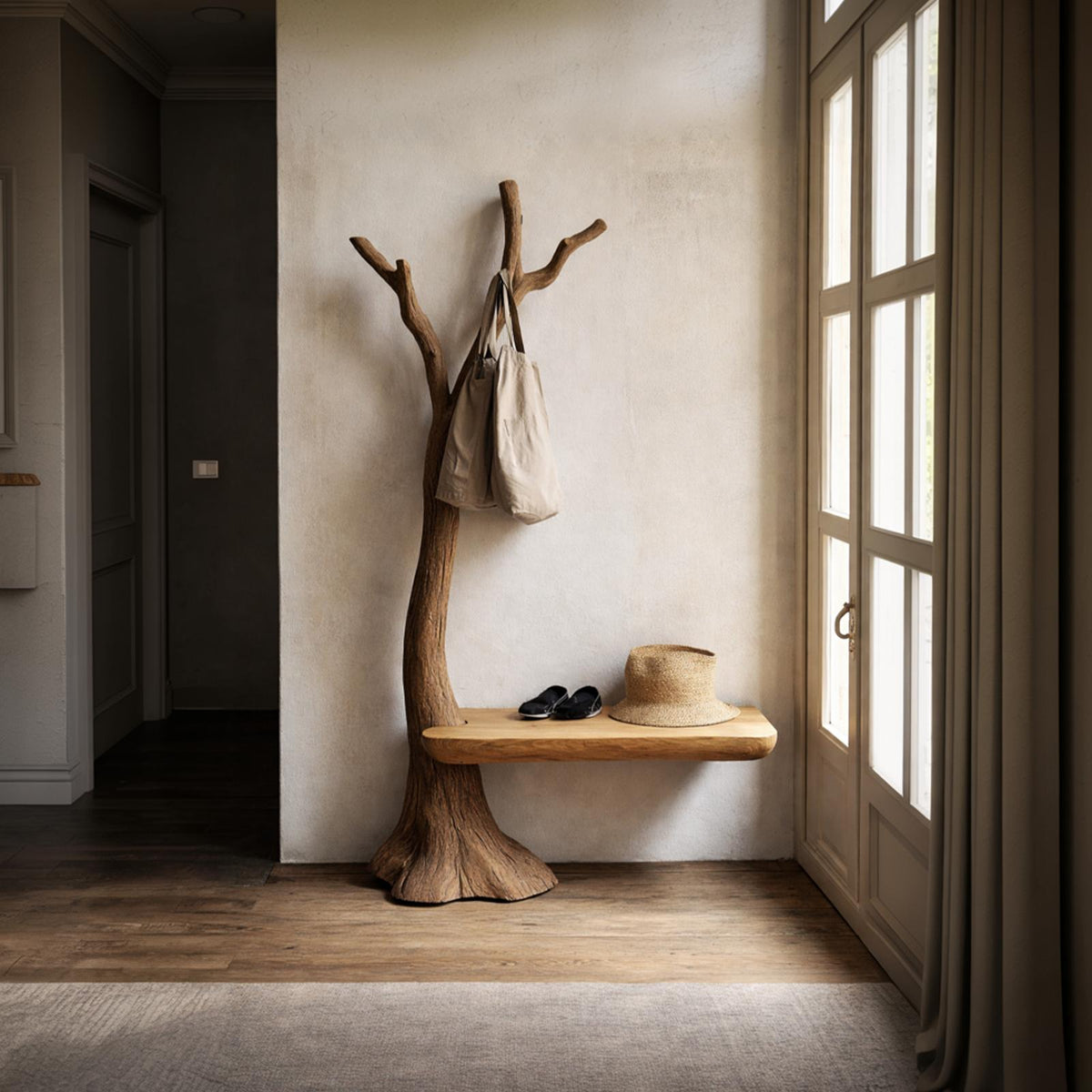 Sculptural Tree Coat Rack Bench Solid Wood Entryway Interior Minimal Storage