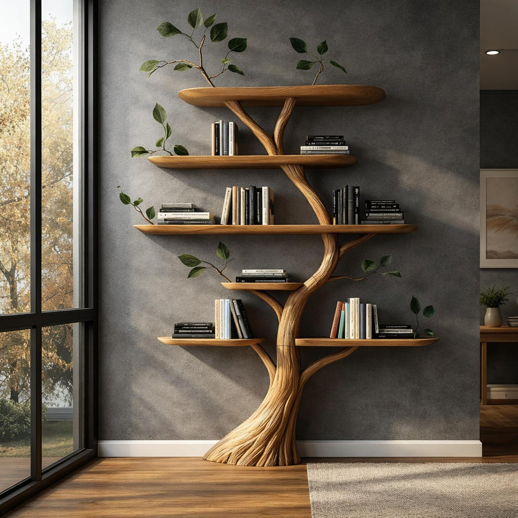 Handcrafted Wood Tree Bookshelf, Floating Branch Wall Mounted Bookcase Display Shelf for Living Room and Office