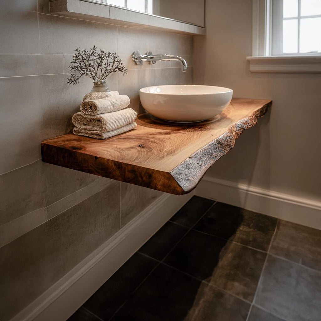 Mid Century Live Edge Floating Shelf, Bathroom Natural Solid Wood Wall Mounted Shelf, Model