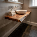 Mid Century Live Edge Floating Shelf, Bathroom Natural Solid Wood Wall Mounted Shelf, Model