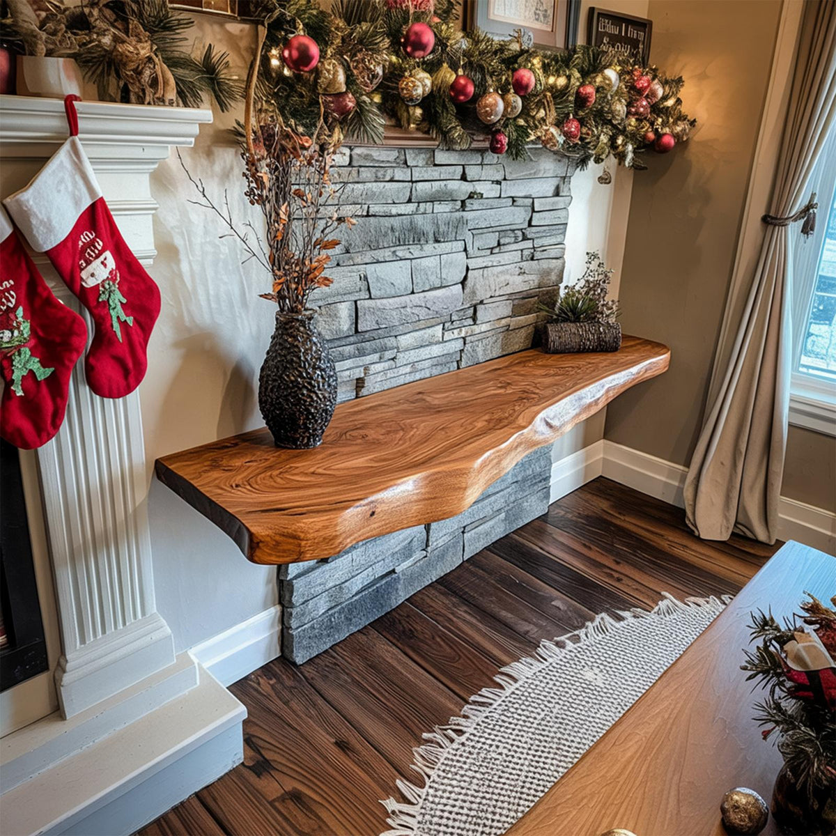 Rustic Live Edge Floating Shelf Christmas Fireplace Display