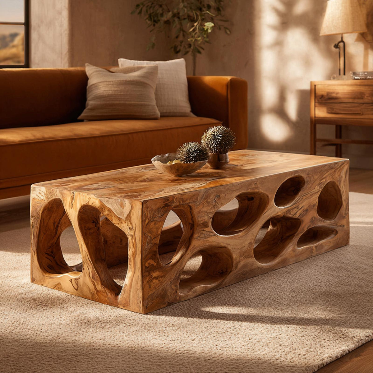 Organic Hollow Carved Solid Wood Coffee Table, Sculptural Statement Center Table for Warm Living Room Interior