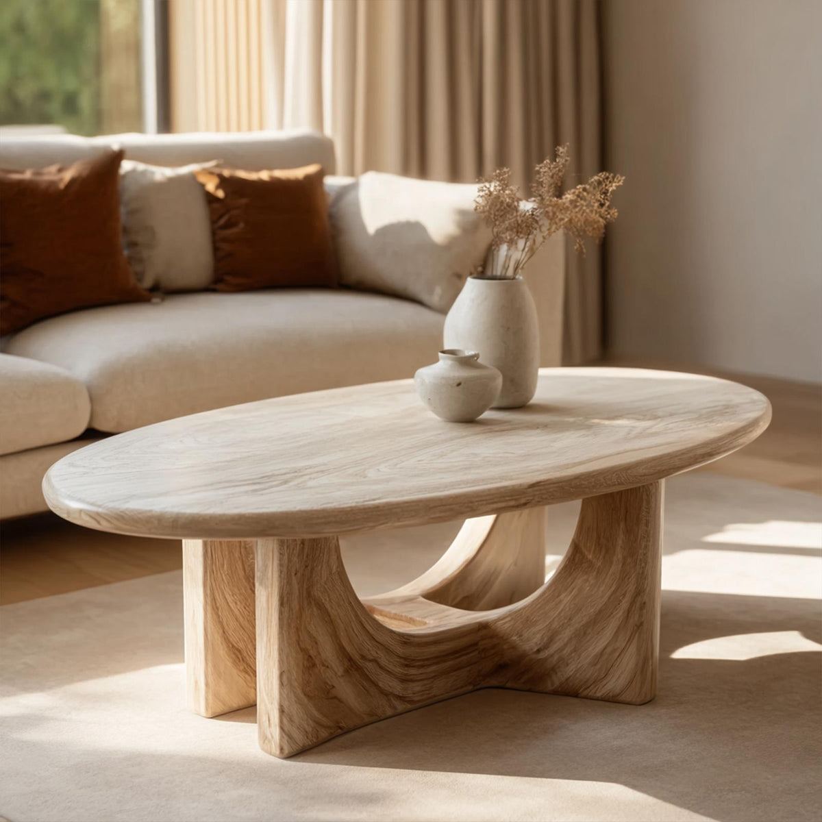 Serene Sculptural Solid Wood Coffee Table, Flowing Base Accent Center Table for Modern Living Room Harmony