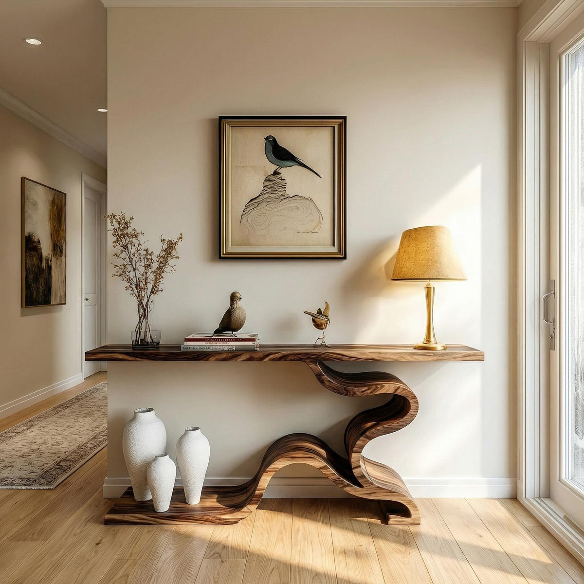 Sculptural S-Curve Wood Console Table, Handcrafted Sofa Back & Entryway Accent Table