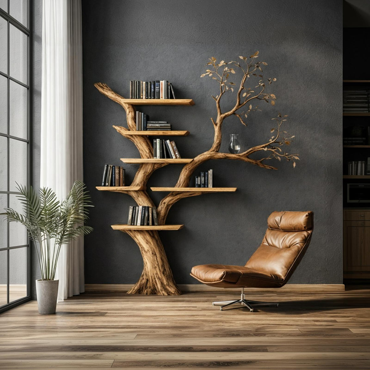 Handcrafted Solid Wood Tree Bookshelf, Unique Sculptural Wall Mounted Floating Branch Bookcase Statement Piece
