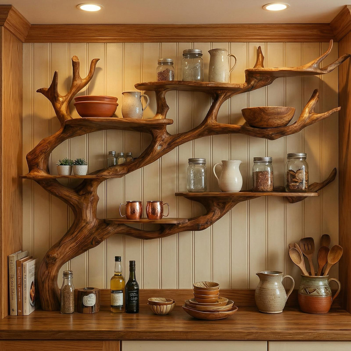 Rustic Tree Branch Wall Shelf Kitchen Storage Display Decor