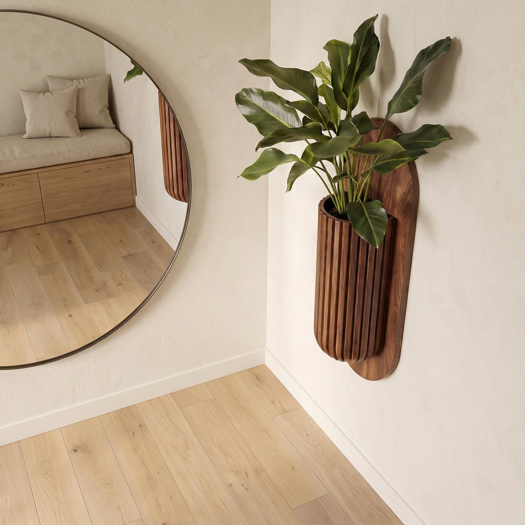 Minimalist Wood Wall Planter, Solid Oak Hanging Vessel Indoor Plant Pot & Succulent Holder