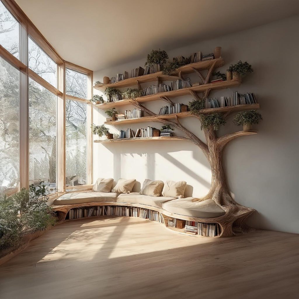 Rustic Tree Bookshelf Seating Home Office