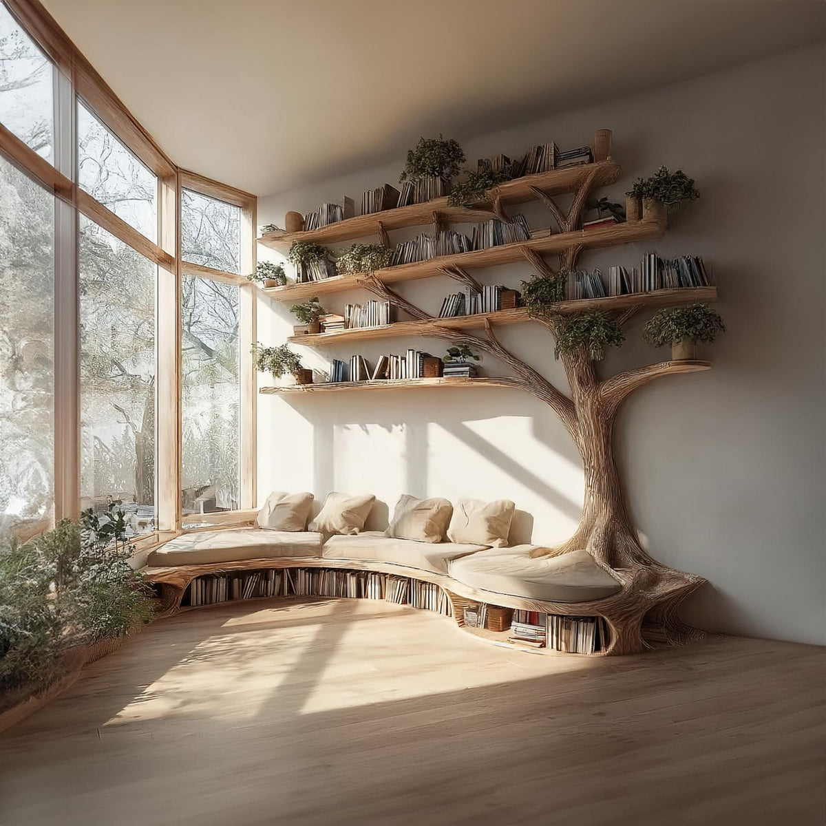 Rustic Tree Bookshelf Seating Home Office