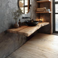 Mid-Century Floating Shelf, Natural Edge Solid Wood Bathroom Vanity Countertop, Single Sink Shelf Console