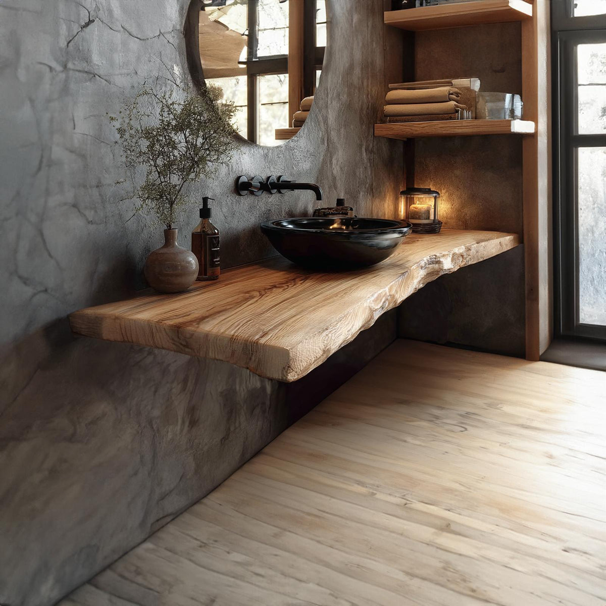 Mid-Century Floating Shelf, Natural Edge Solid Wood Bathroom Vanity Countertop, Single Sink Shelf Console