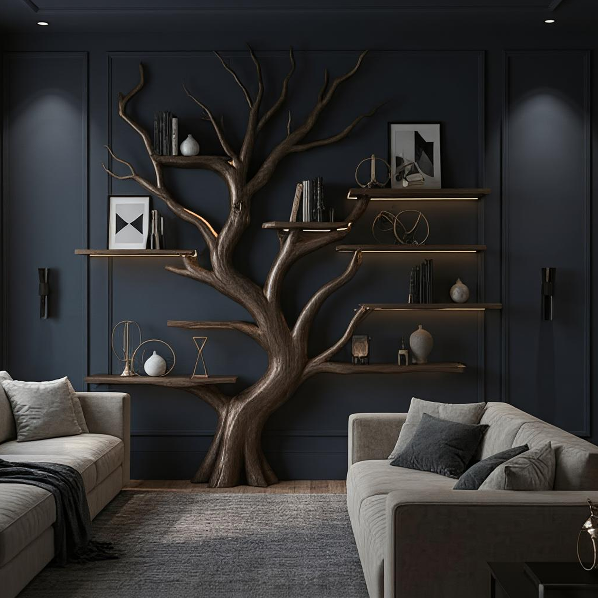 Rustic Tree Inspired Shelf Living Room Reading Nook Decor
