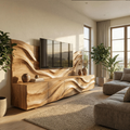 Scandinavian TV Cabinet & Slat Wood Wall Panel Set, Modern Entertainment Center for Living Room, Media Console
