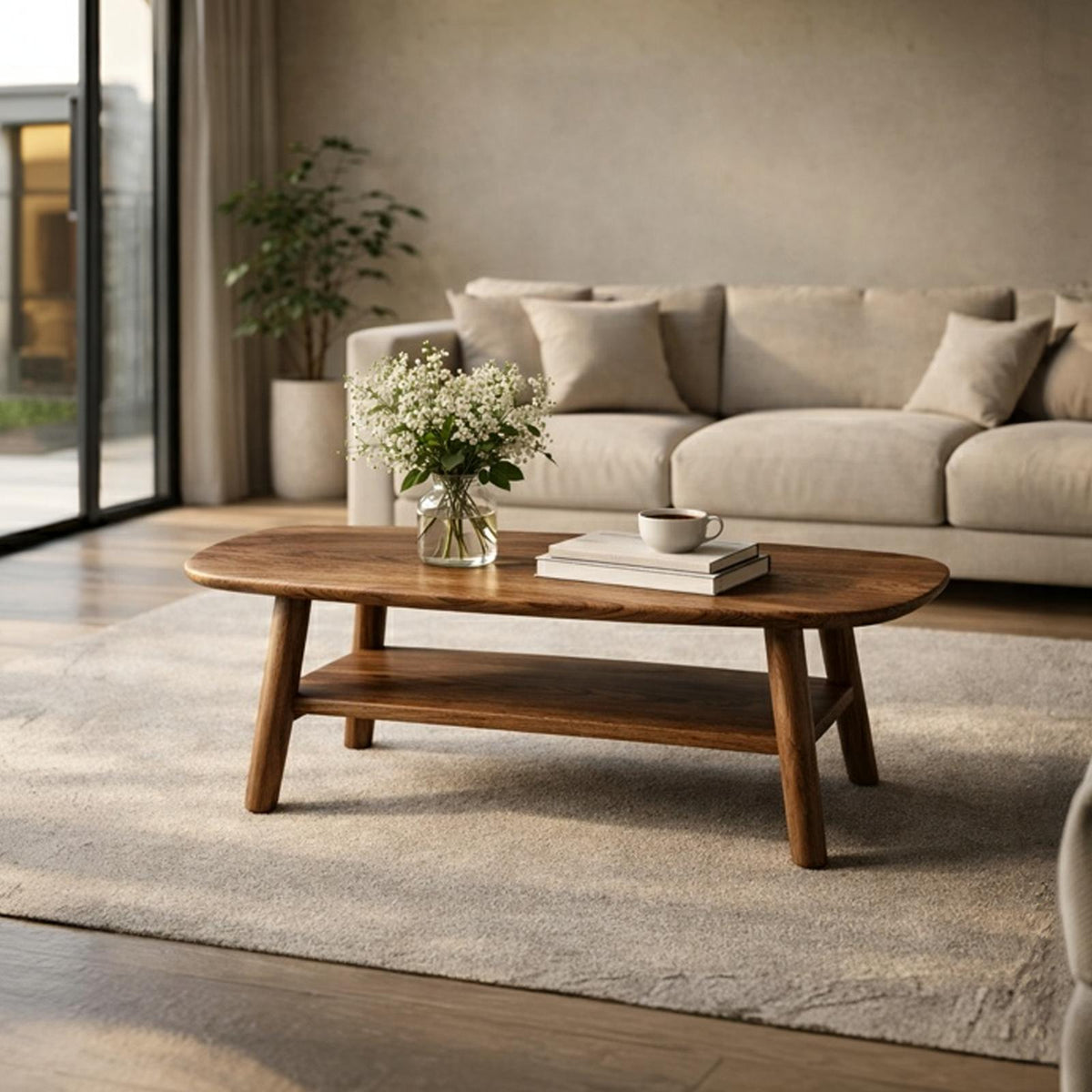 Mid-Century Solid Wood Coffee Table, Handcrafted Walnut Tone Modern Center Table for Living Room Interior Decor
