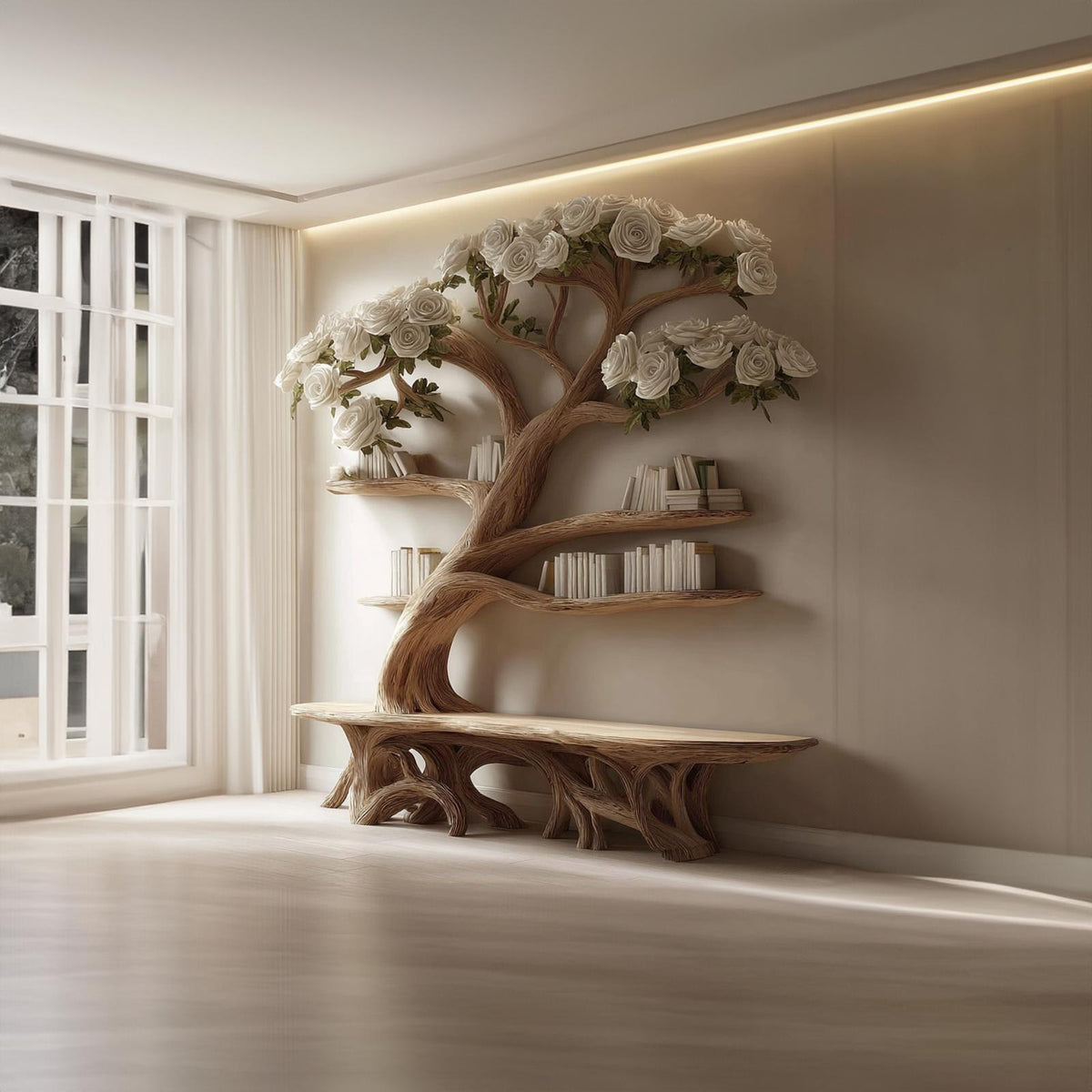 Midcentury Tree Bench Bookshelf Living Decor